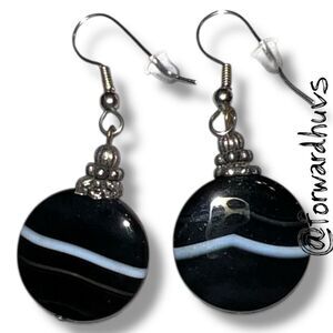 Black and White Stone Dangle Earrings – Silver Tone Accents – Artisan Design